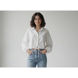 Grey Lab Los Angeles White Cotton Cropped Shirt Small Drawstring Hem & Cuffs